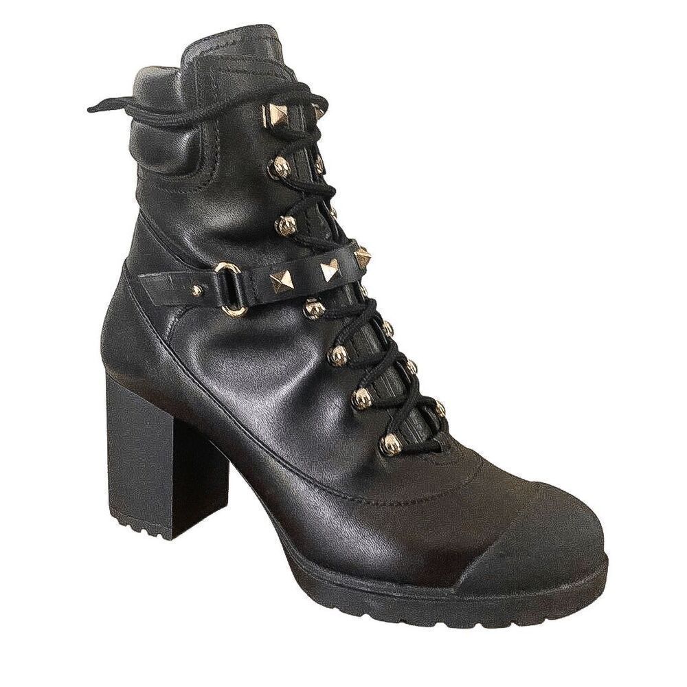 Valentino Garavani Rockstud High-Heel Studded Strap Combat Boots EU 37 Lace Up